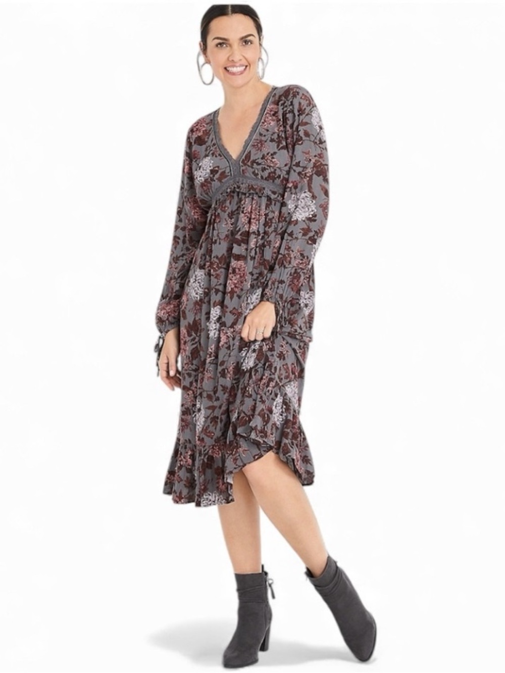 Maurices Gray Floral Midi Dress with Pink and Brown Blooms 14
